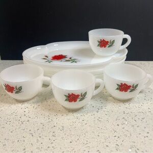 Vintage 70s Federal Milk Glass 9 Pce Rosecrest Luncheon Snack Plates and Cups